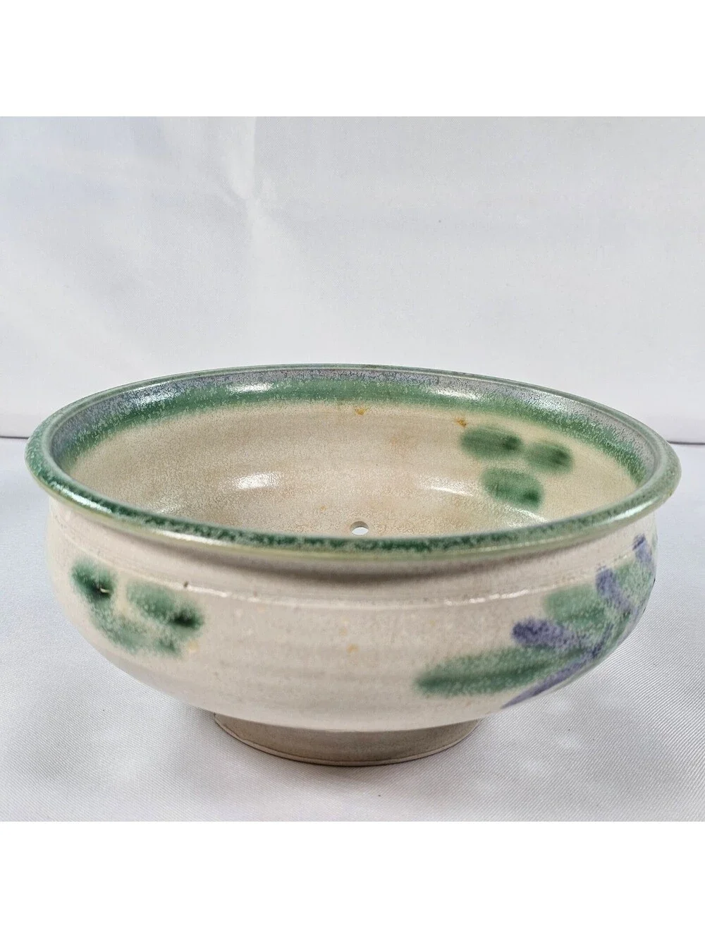 Vintage Artisan Studio Pottery Berry Bowl Colander Lavender Floral Stoneware